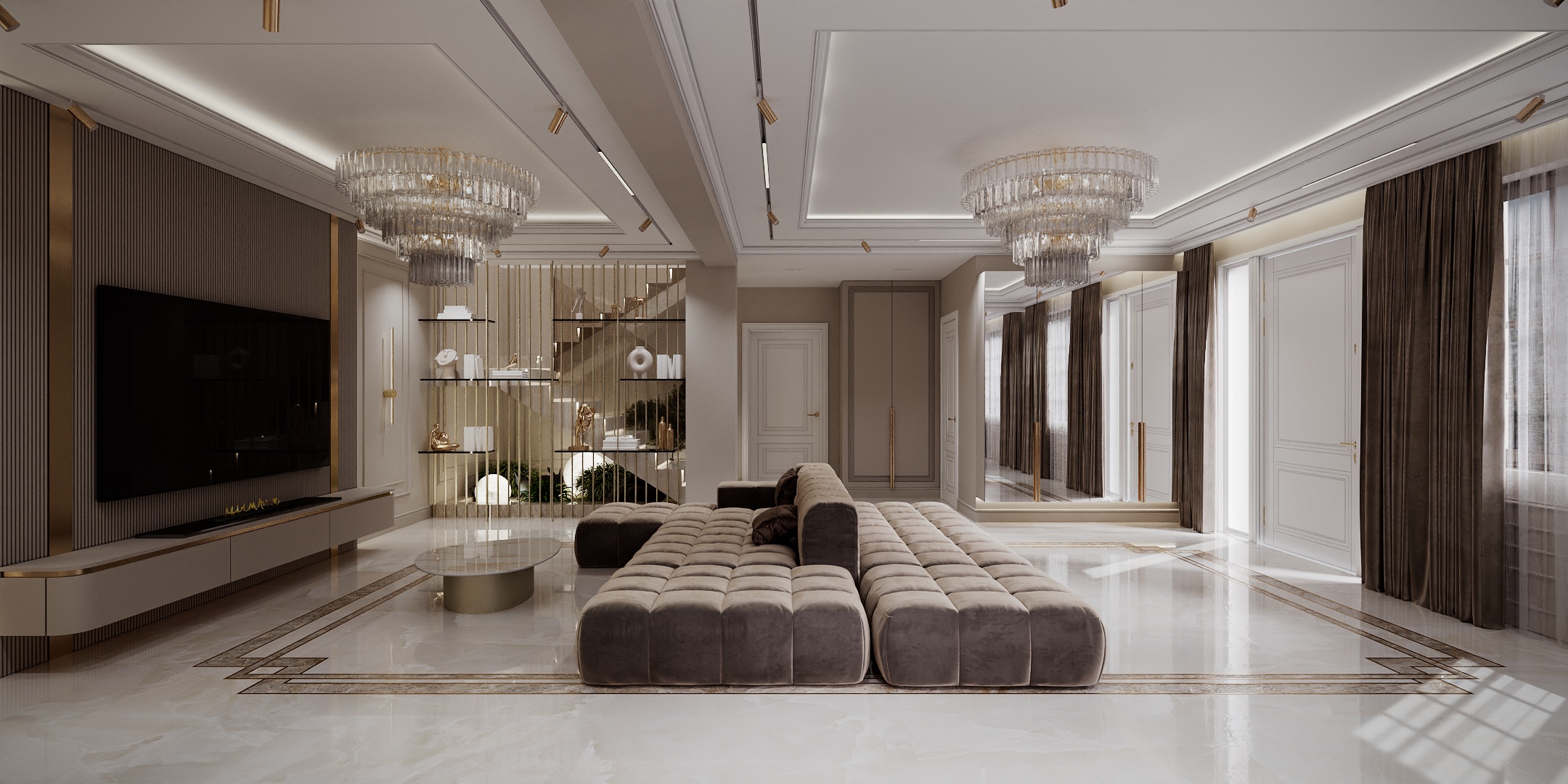 Modern Classic Luxury Villa design interior – living open space cu canapea modulară, perete TV și rafturi aurii, design interior premium Constanța