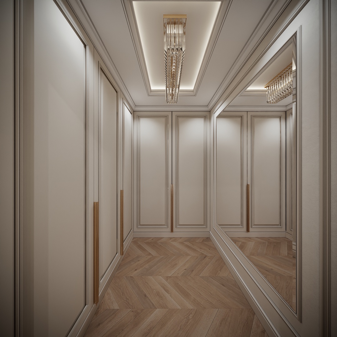 Modern Classic Luxury Villa design interior – dressing cu uși albe și mânere aurii, design interior premium Constanța