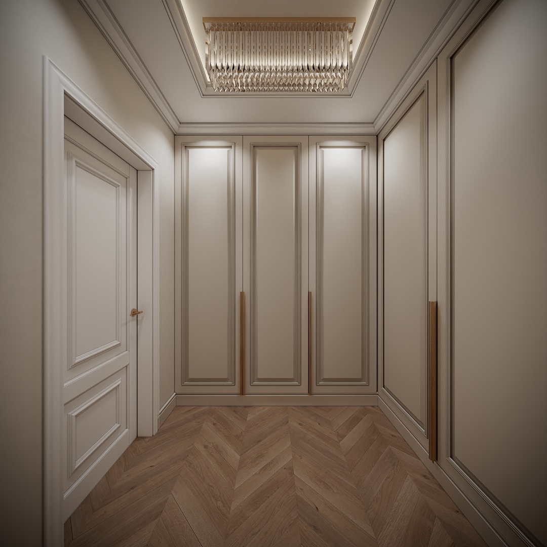 Modern Classic Luxury Villa design interior – dressing cu dulapuri înalte și iluminat integrat, design interior premium Constanța