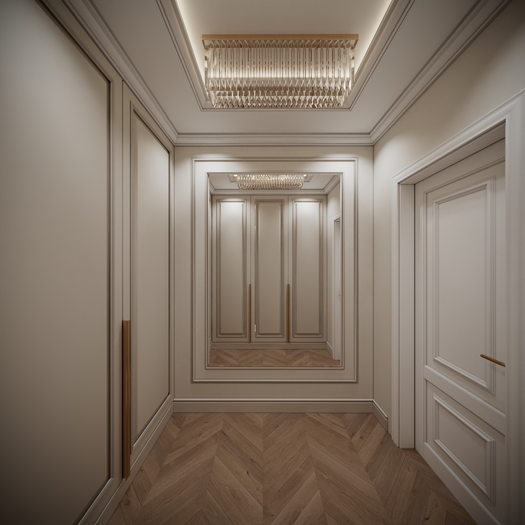 Modern Classic Luxury Villa design interior – hol cu dulap încastrat și plafonieră din cristal, design interior premium Constanța
