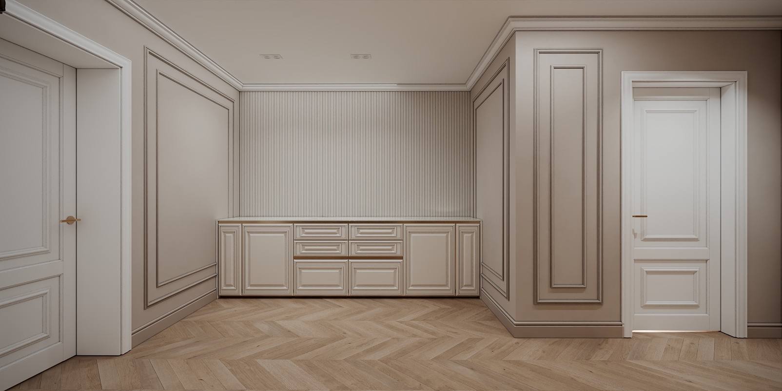 Modern Classic Luxury Villa design interior – cameră cu comodă cu sertare și boiserie, design interior premium Constanța