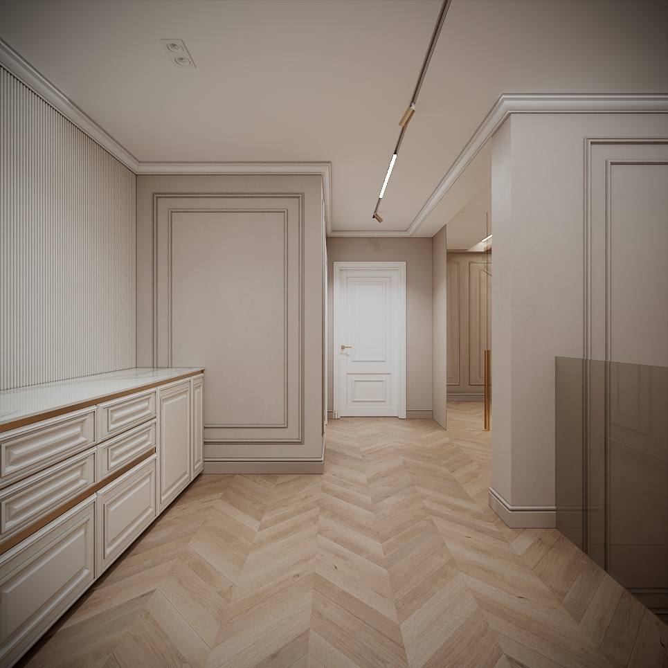 Modern Classic Luxury Villa design interior – hol de etaj cu comodă cu sertare și parchet în spic, design interior premium Constanța