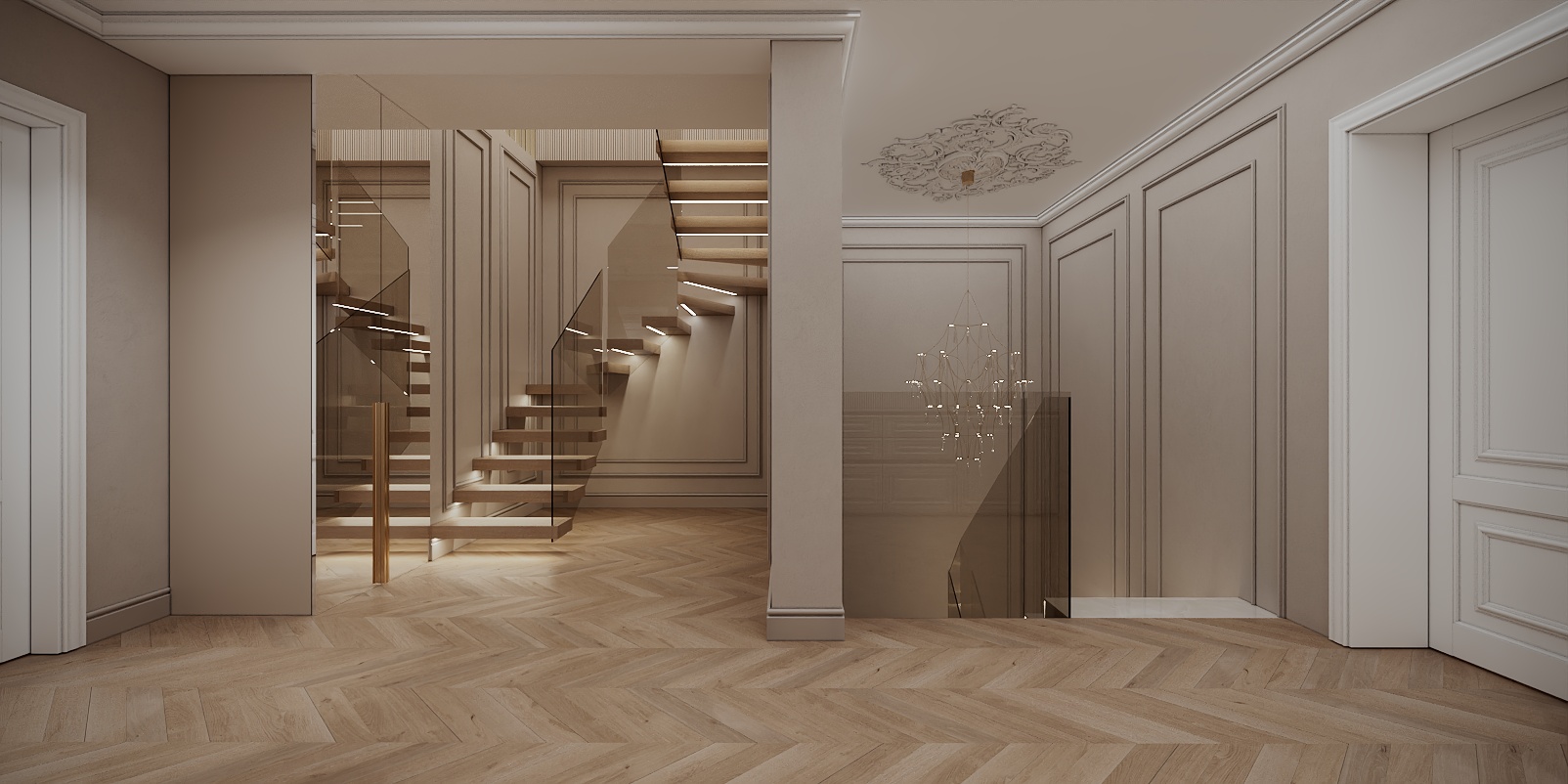 Modern Classic Luxury Villa design interior – scară cu trepte flotante din lemn și balustradă din sticlă, design interior premium Constanța