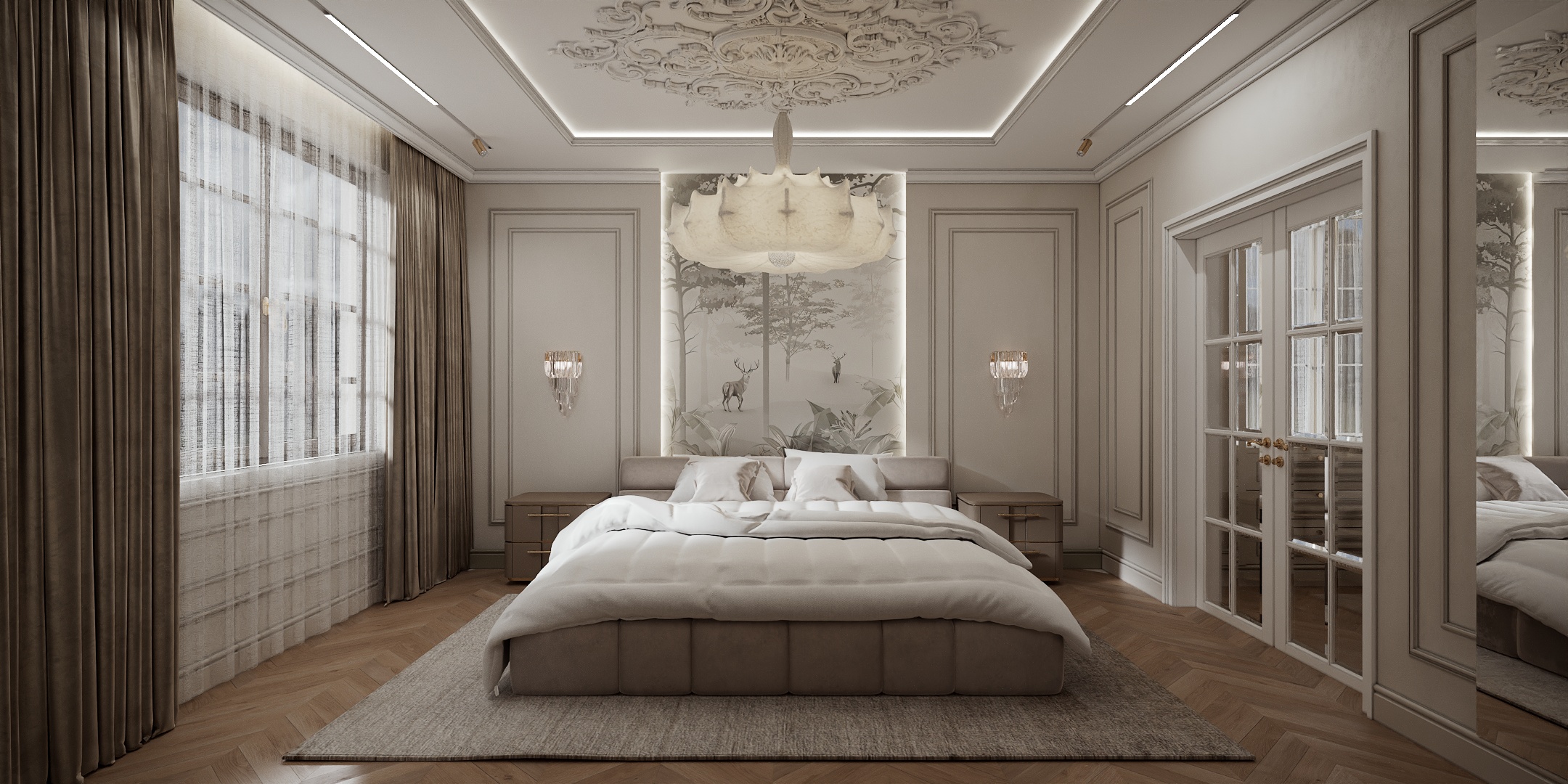 Modern Classic Luxury Villa design interior – dormitor principal cu tablou mural, candelabru și rozetă decorativă pe tavan, design interior premium Constanța
