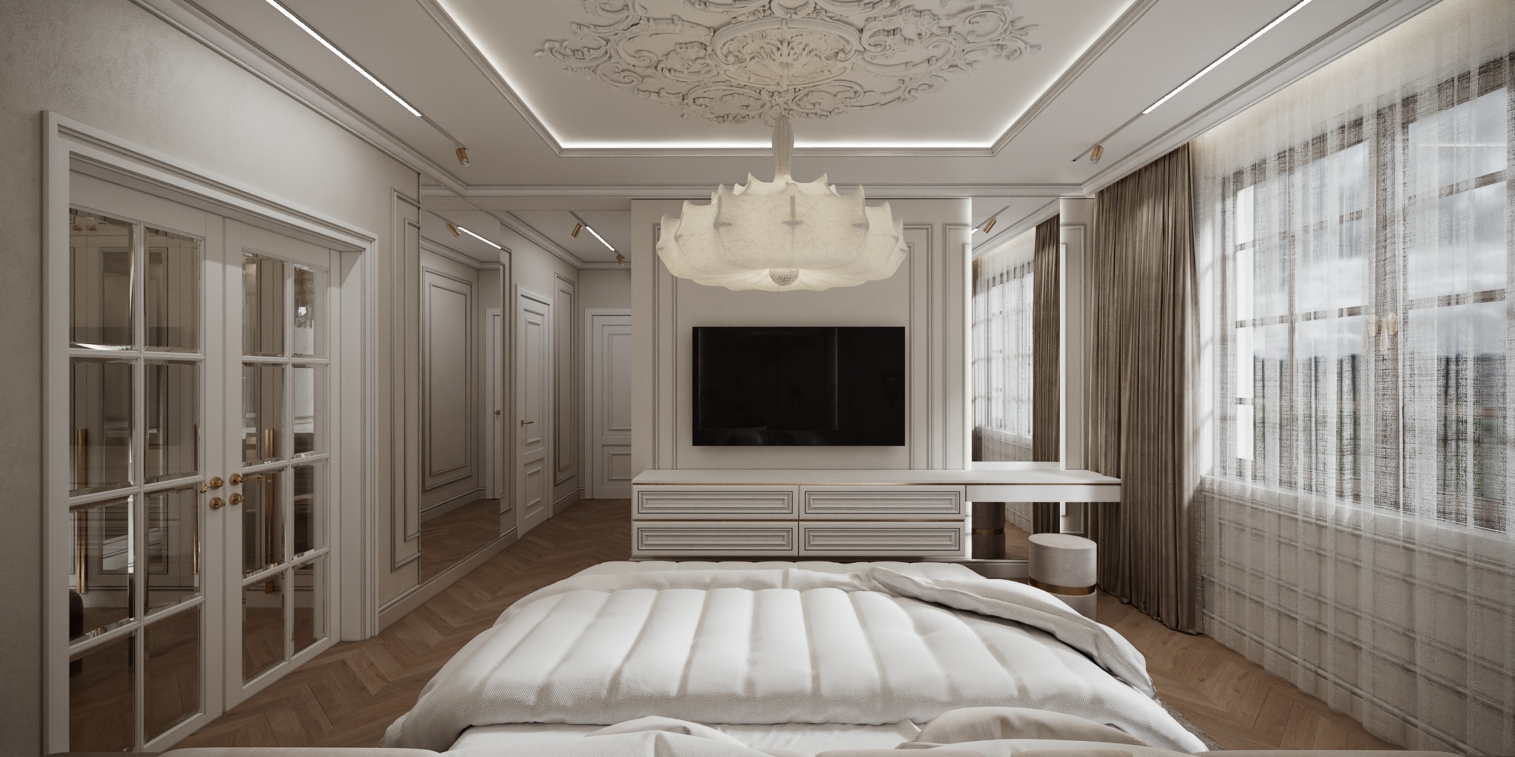 Modern Classic Luxury Villa design interior – dormitor cu rozetă de tavan, candelabru din cristal și zonă de toaletă, design interior premium Constanța