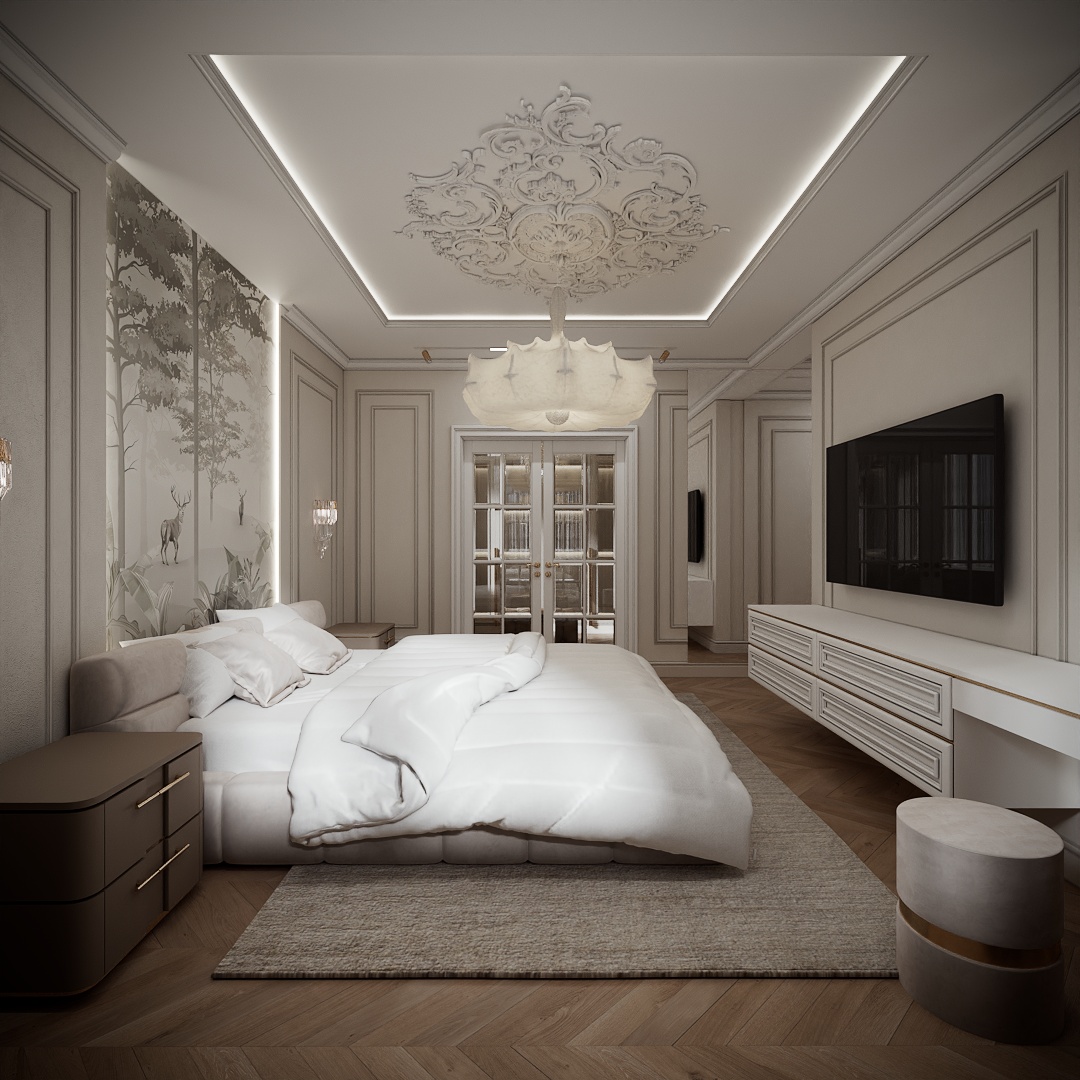 Modern Classic Luxury Villa design interior – dormitor principal cu perete decorativ cu peisaj și TV, design interior premium Constanța