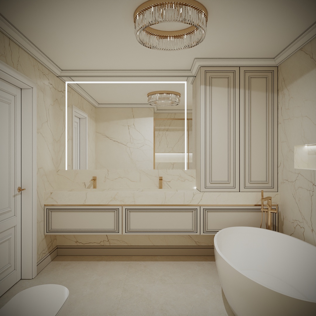 Modern Classic Luxury Villa design interior – baie cu marmură, oglindă luminată și cadă freestanding, design interior premium Constanța