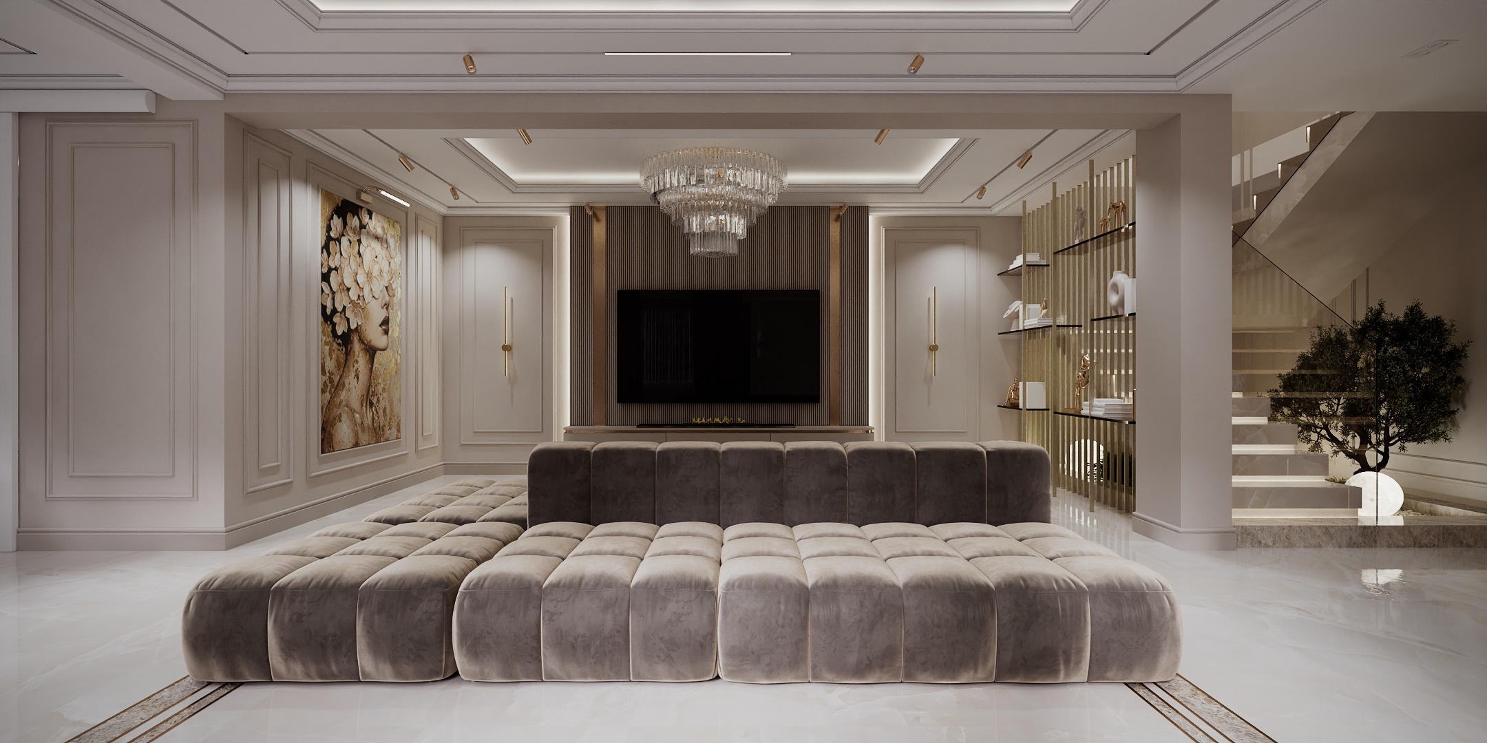 Modern Classic Luxury Villa design interior – canapea modulară din catifea și perete cu boiserie fină, design interior premium Constanța