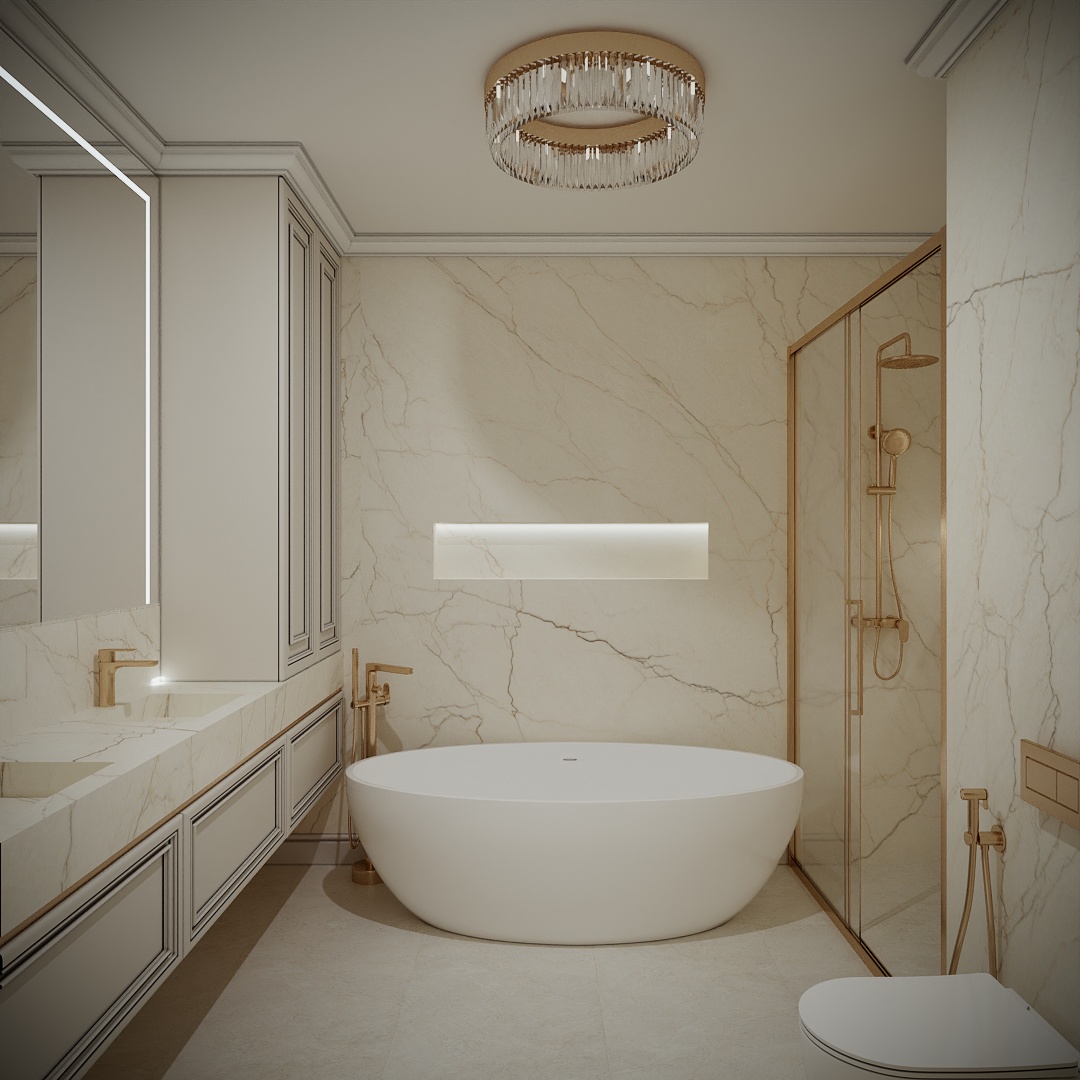 Modern Classic Luxury Villa design interior – baie cu cadă freestanding, duș cu detalii aurii și nișă luminată, design interior premium Constanța