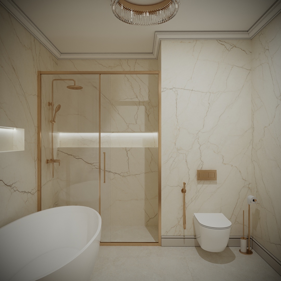 Modern Classic Luxury Villa design interior – duș cu marmură, armături aurii și vas WC suspendat, design interior premium Constanța