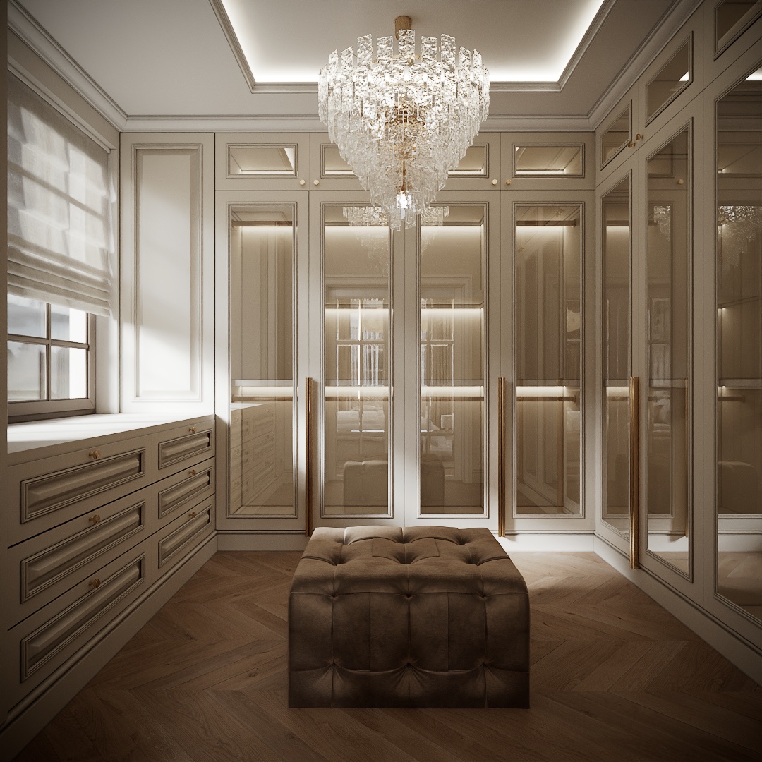 Modern Classic Luxury Villa design interior – dressing cu vitrine luminate, bancă tapițată și sertare, design interior premium Constanța