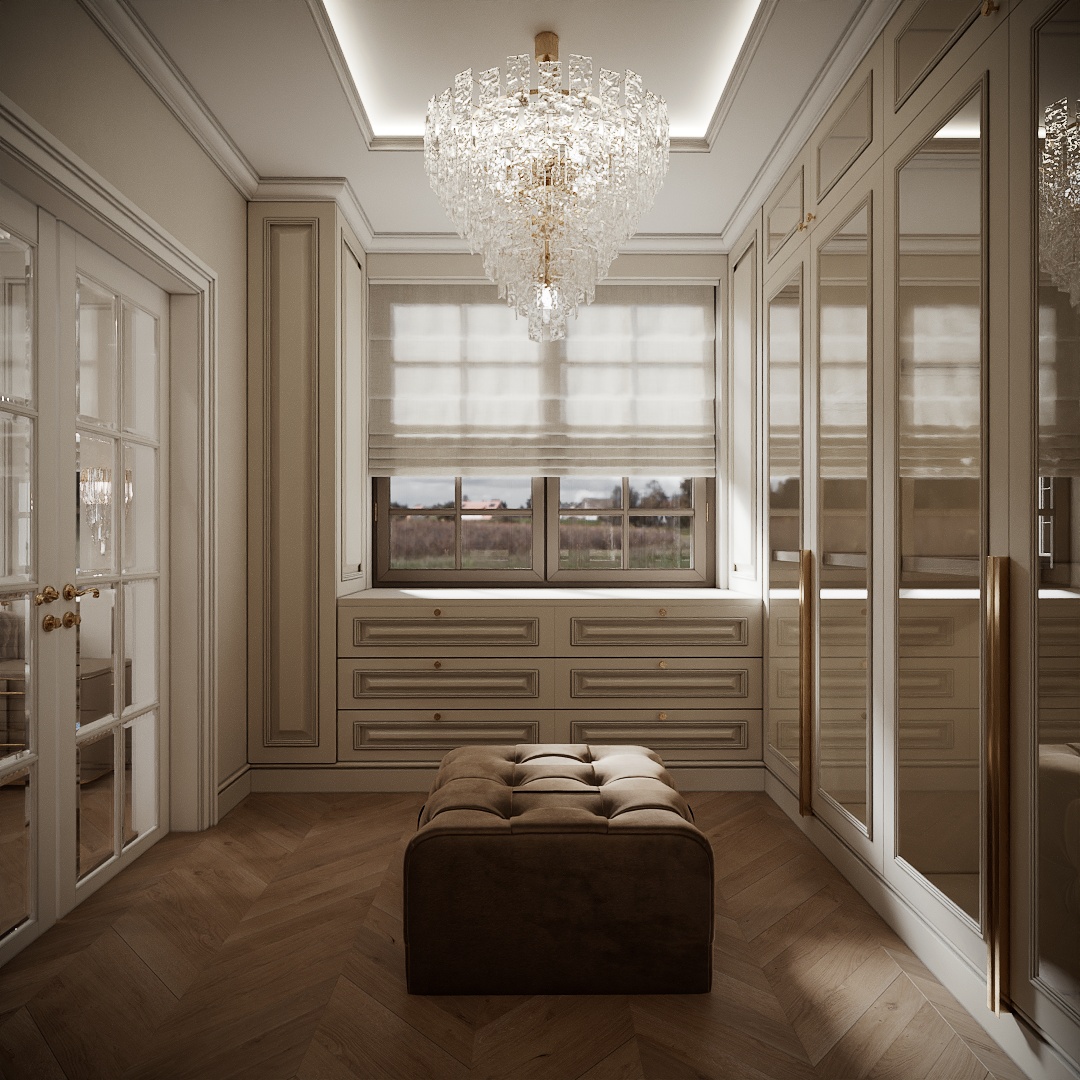 Modern Classic Luxury Villa design interior – dressing cu fereastră, comodă cu sertare și bancă din catifea, design interior premium Constanța