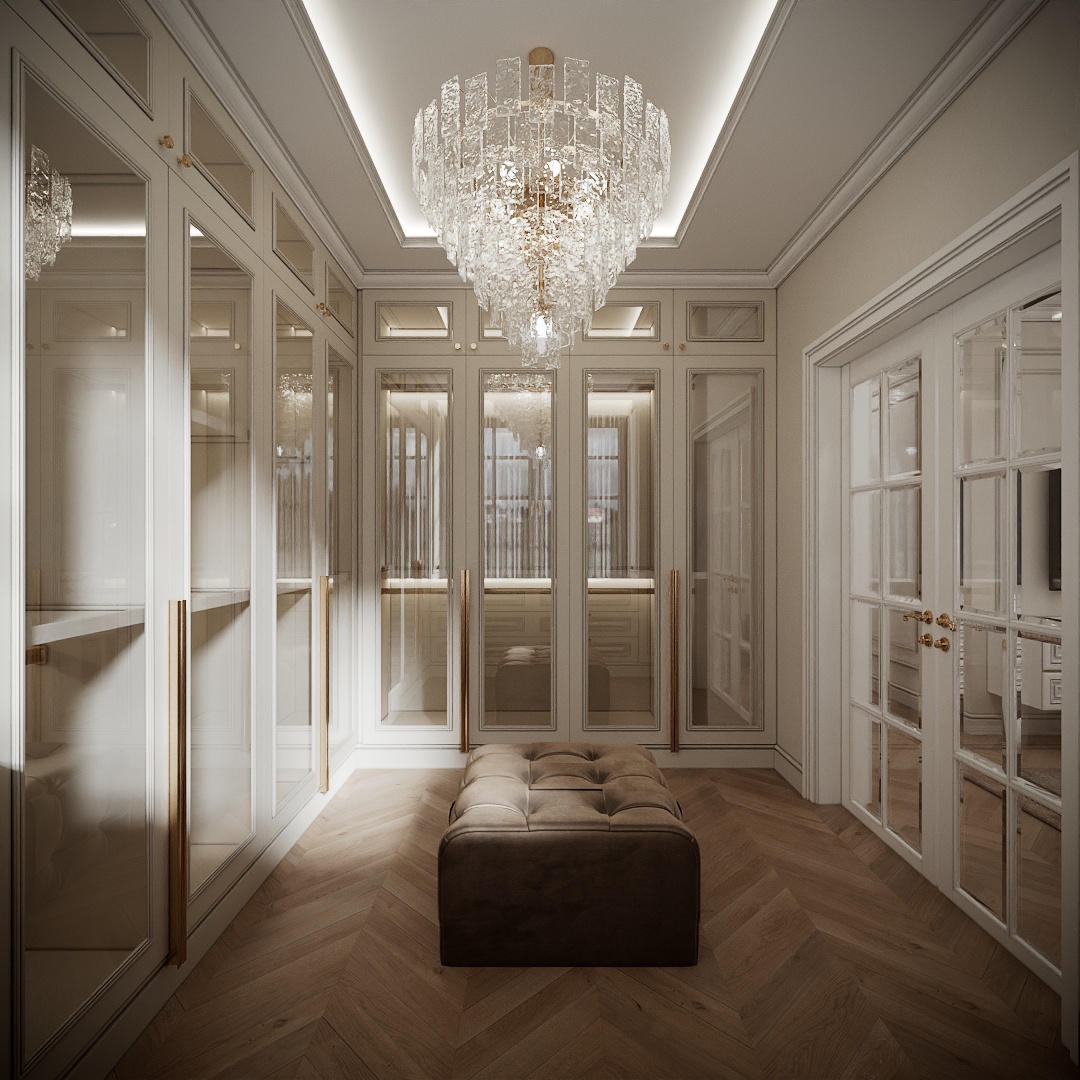 Modern Classic Luxury Villa design interior – dressing cu uși de sticlă, candelabru și bancă tapițată, design interior premium Constanța