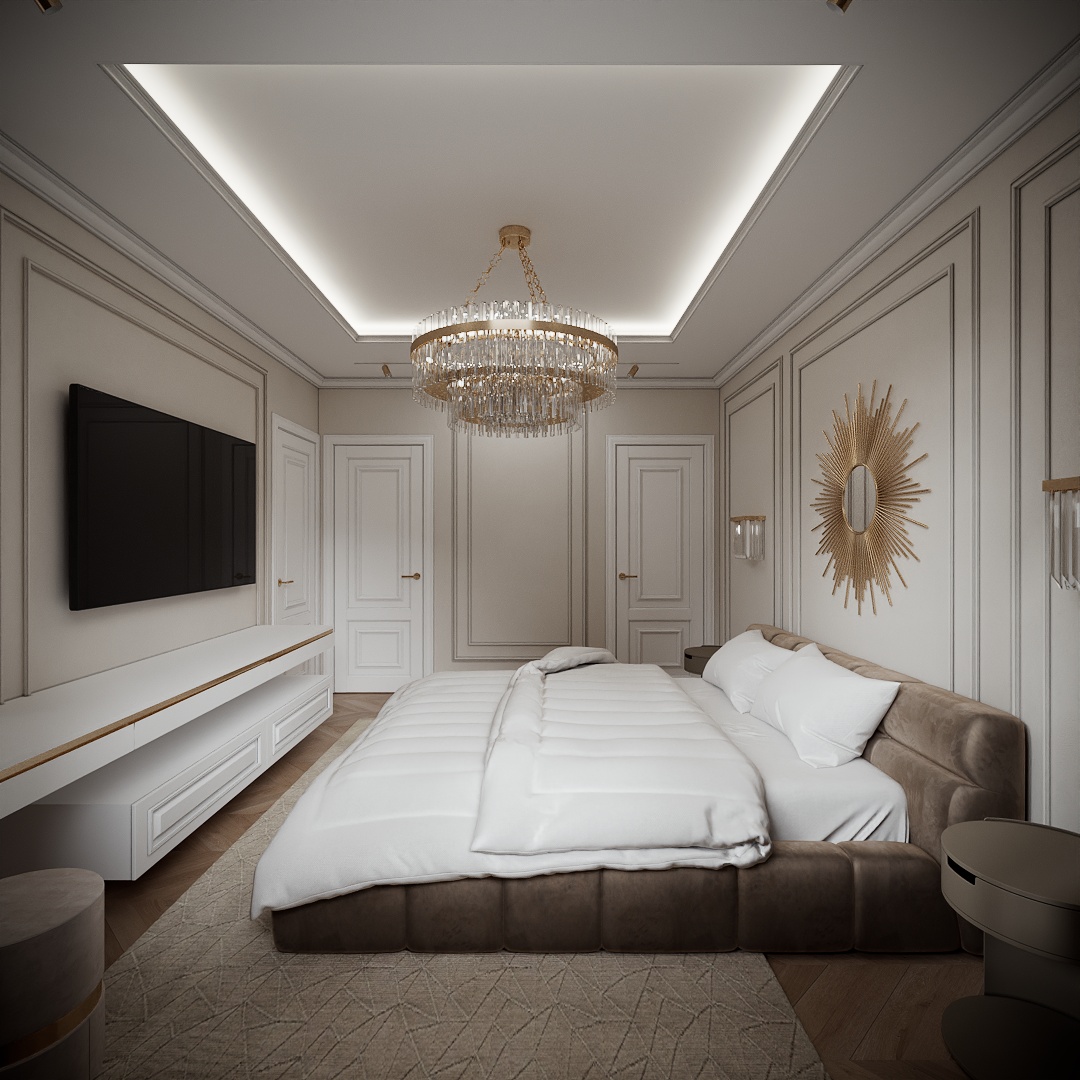 Modern Classic Luxury Villa design interior – dormitor cu candelabru din cristal, oglindă solară aurie și pat din catifea, design interior premium Constanța