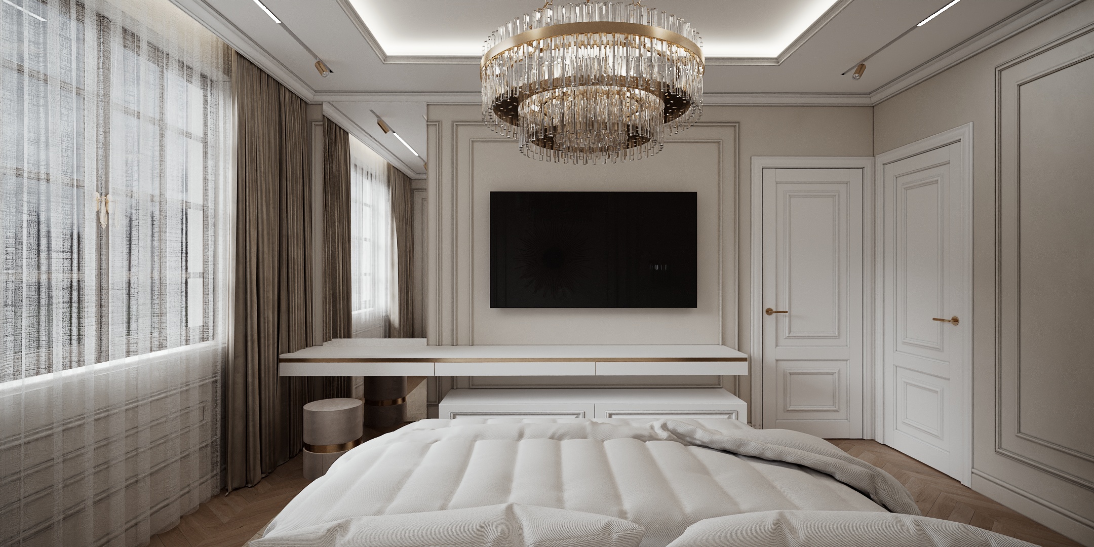 Modern Classic Luxury Villa design interior – dormitor cu candelabru din cristal, zonă de toaletă și boiserie, design interior premium Constanța