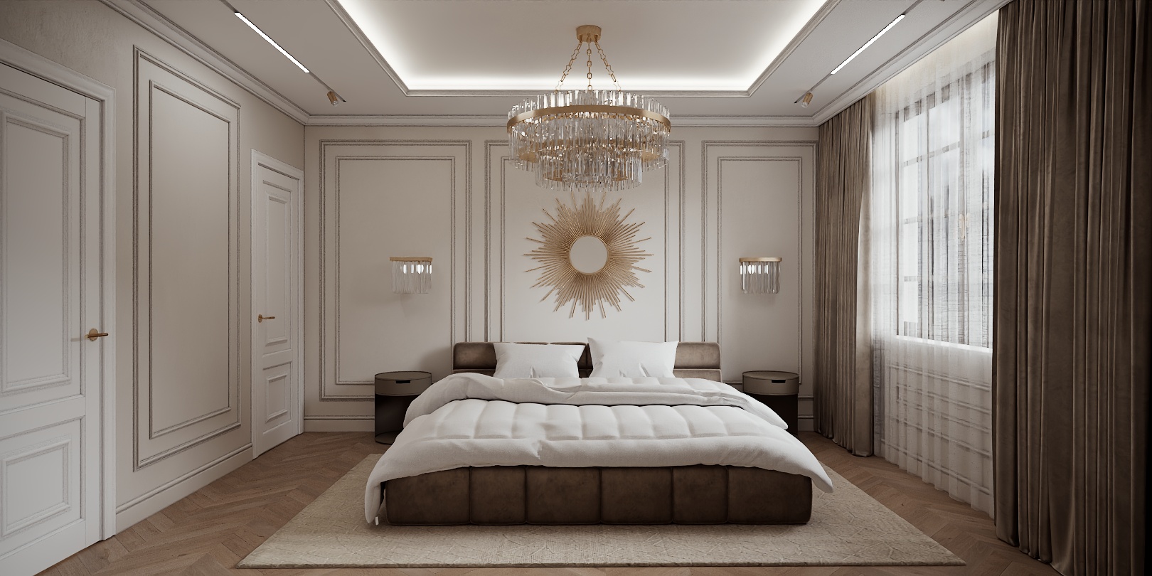 Modern Classic Luxury Villa design interior – dormitor cu oglindă solară aurie, aplice din cristal și pat din catifea, design interior premium Constanța