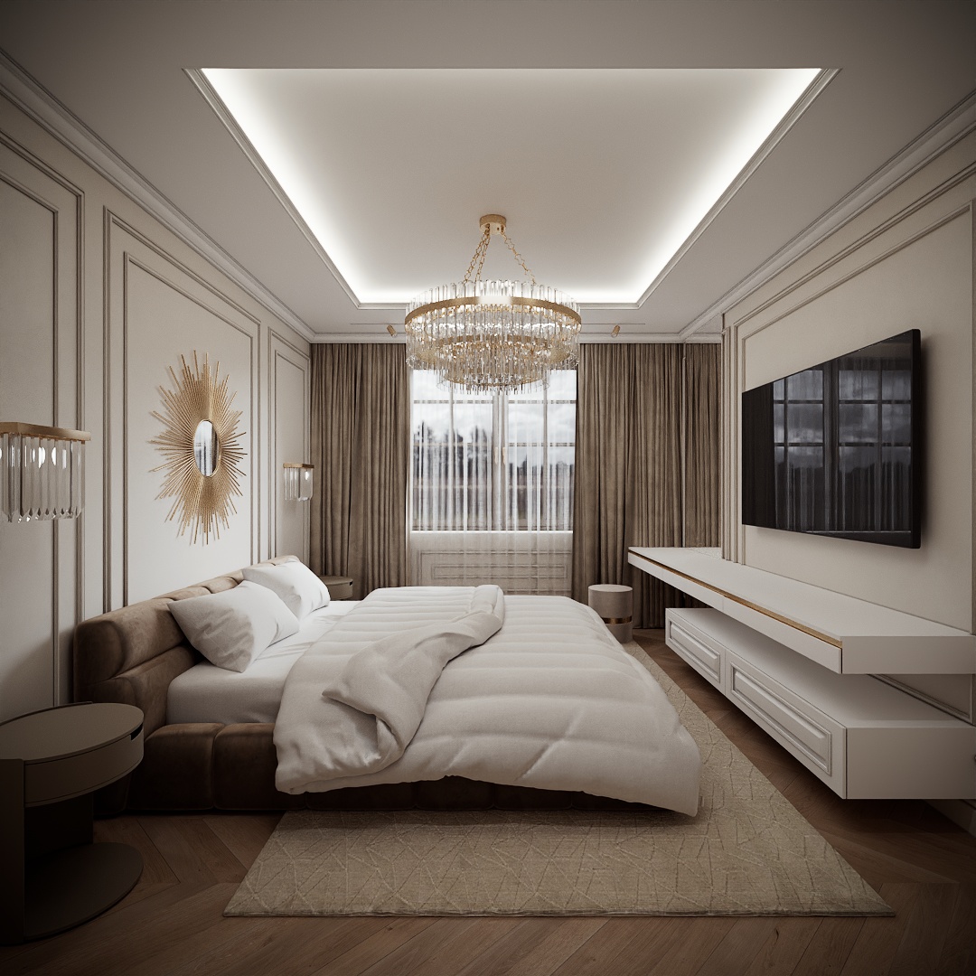 Modern Classic Luxury Villa design interior – dormitor cu candelabru, draperii și TV pe perete cu boiserie, design interior premium Constanța