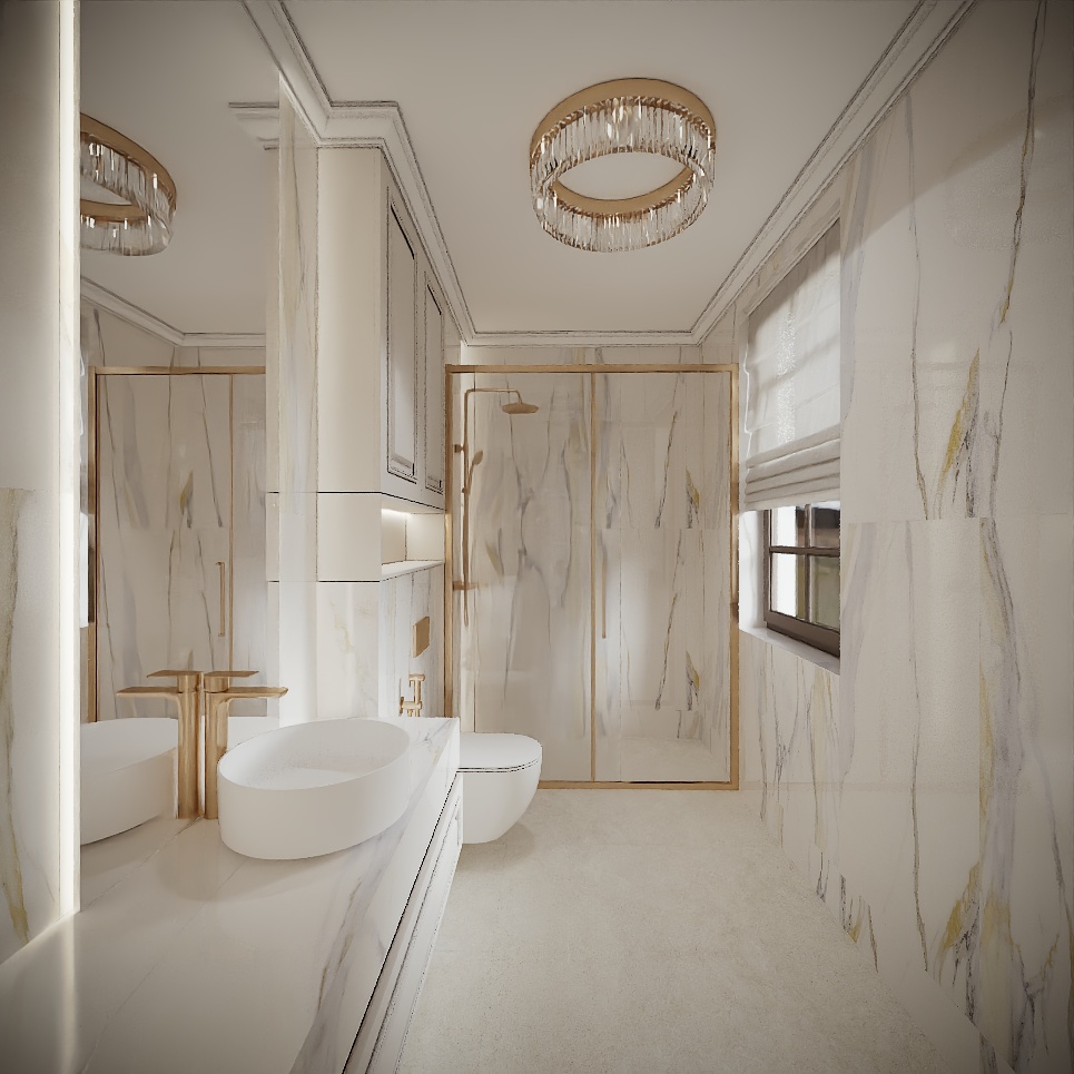 Modern Classic Luxury Villa design interior – baie cu marmură, lavoar pe blat și cabină de duș cu profil auriu, design interior premium Constanța