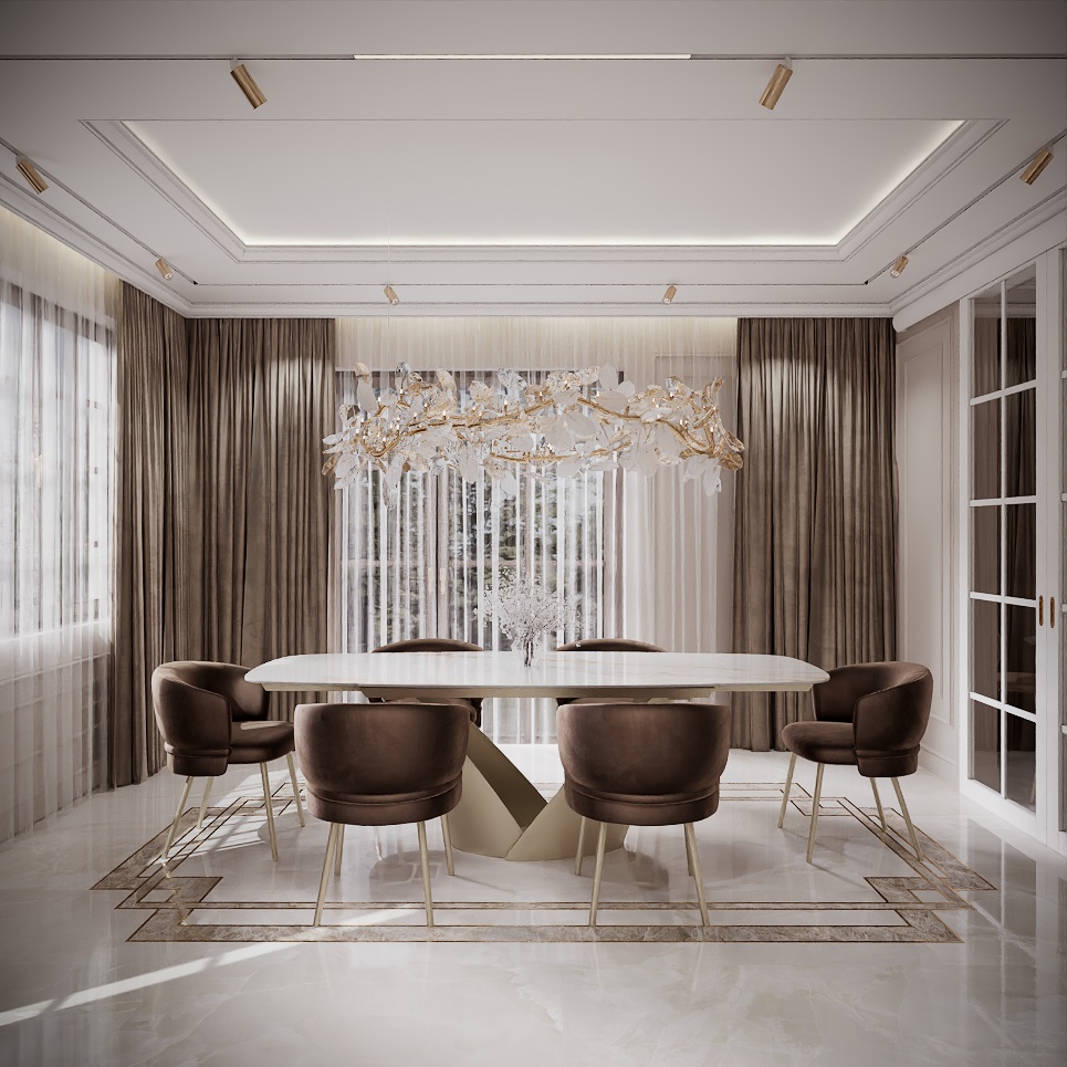 Modern Classic Luxury Villa design interior – zonă de dining cu masă ovală, scaune din catifea maro și candelabru floral, design interior premium Constanța