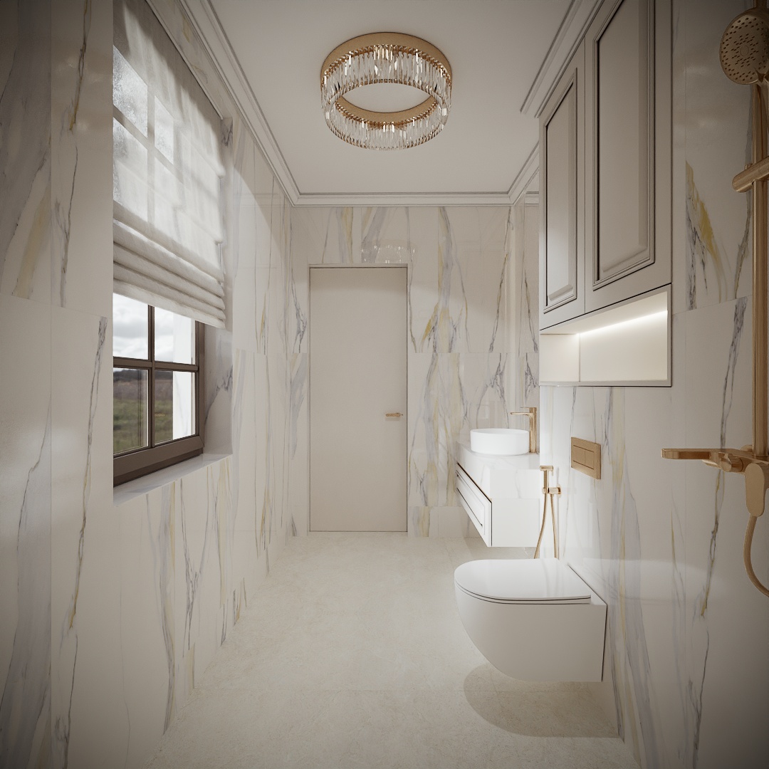 Modern Classic Luxury Villa design interior – baie cu marmură, fereastră cu jaluzele romane și lavoar suspendat, design interior premium Constanța