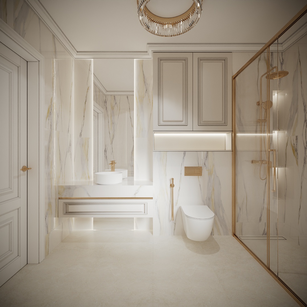 Modern Classic Luxury Villa design interior – baie cu duș, lavoar suspendat și iluminat LED integrat, design interior premium Constanța