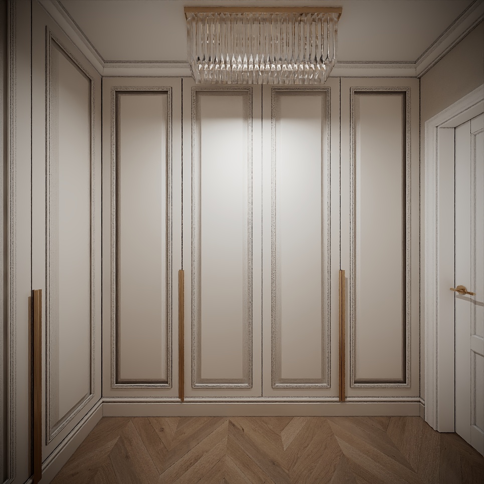 Modern Classic Luxury Villa design interior – dressing cu dulapuri înalte și mânere aurii, design interior premium Constanța