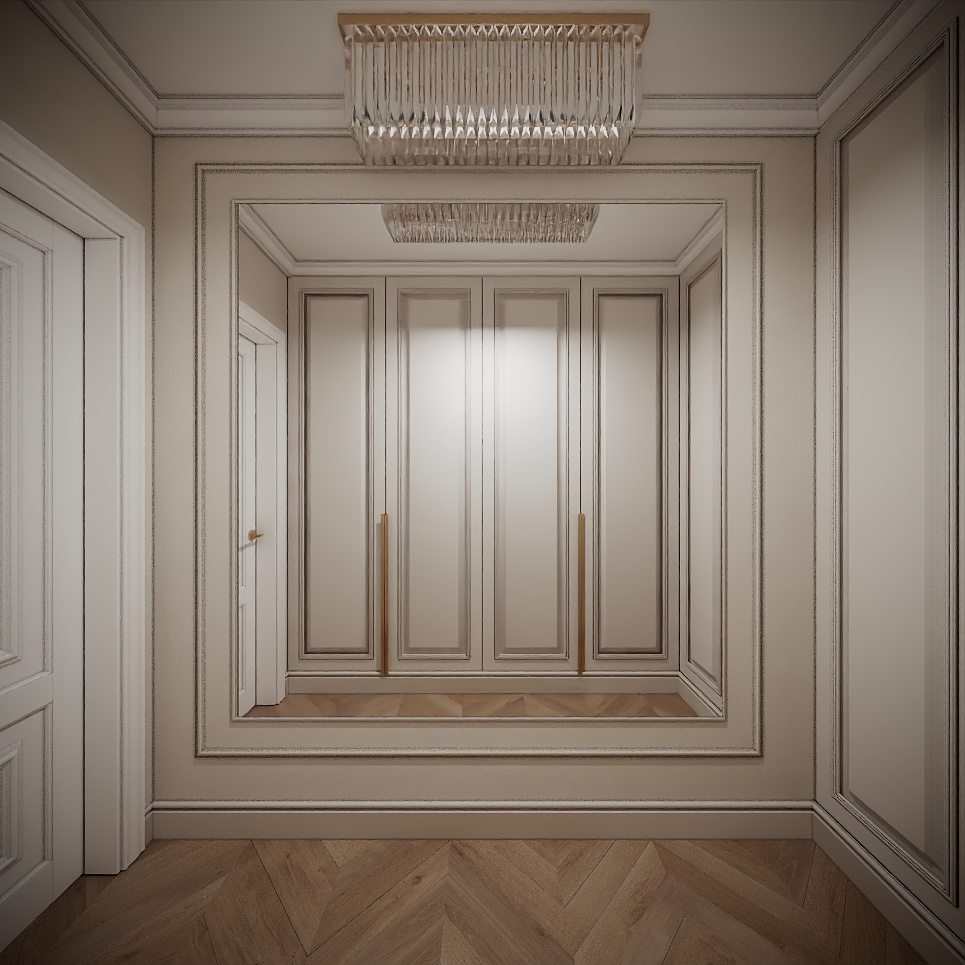 Modern Classic Luxury Villa design interior – dulapuri încastrate cu boiserie și mânere aurii, design interior premium Constanța