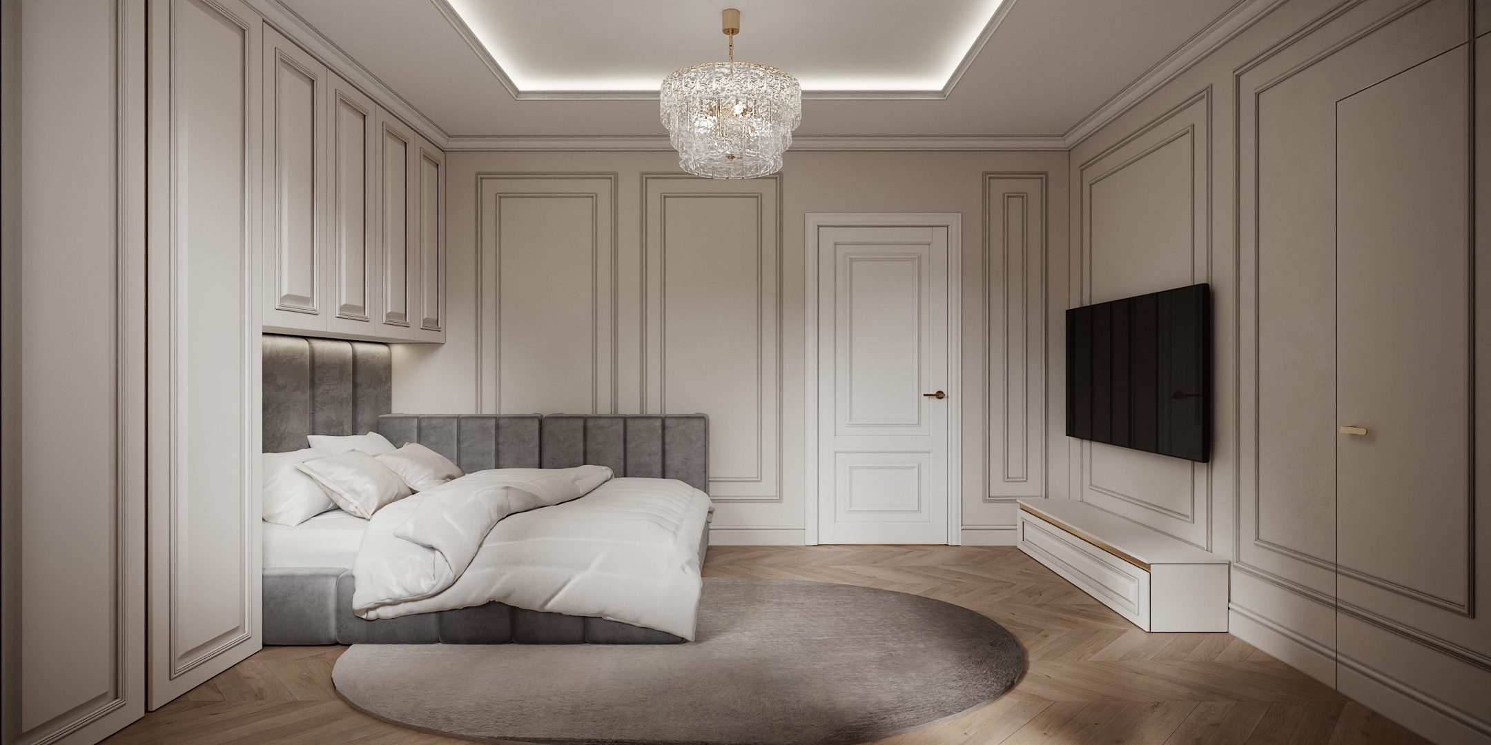 Modern Classic Luxury Villa design interior – dormitor cu pat tapițat gri, covor rotund și candelabru din cristal, design interior premium Constanța
