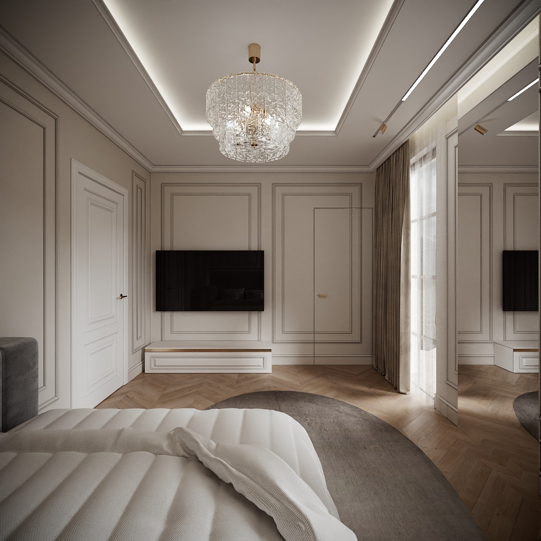 Modern Classic Luxury Villa design interior – dormitor cu perete TV, boiserie și candelabru din cristal, design interior premium Constanța