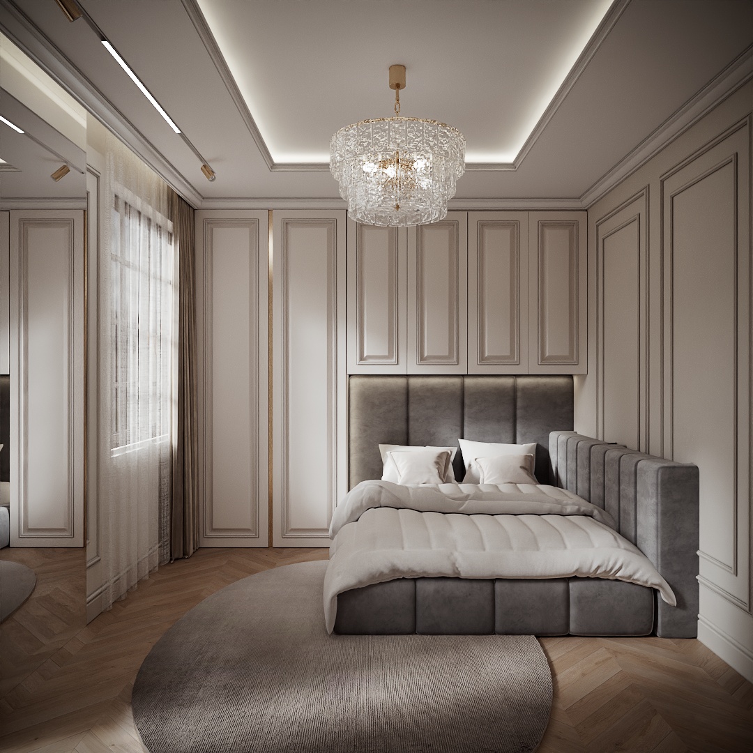 Modern Classic Luxury Villa design interior – dormitor cu tăblie tapițată gri și dulapuri integrate, design interior premium Constanța