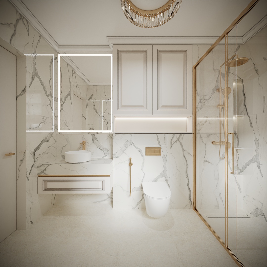 Modern Classic Luxury Villa design interior – baie cu marmură albă cu vene gri și duș cu profile aurii, design interior premium Constanța