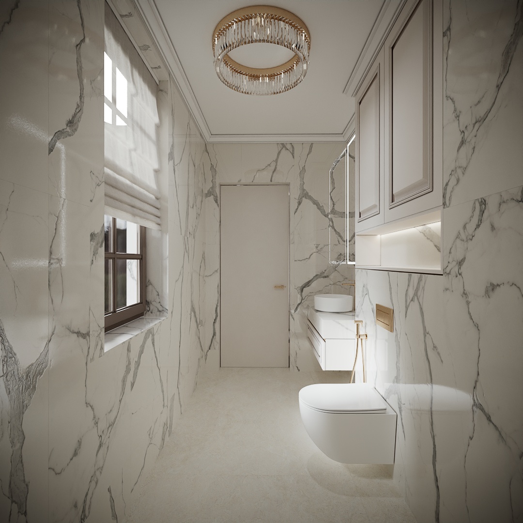 Modern Classic Luxury Villa design interior – baie cu marmură albă, lavoar pe blat și fereastră, design interior premium Constanța