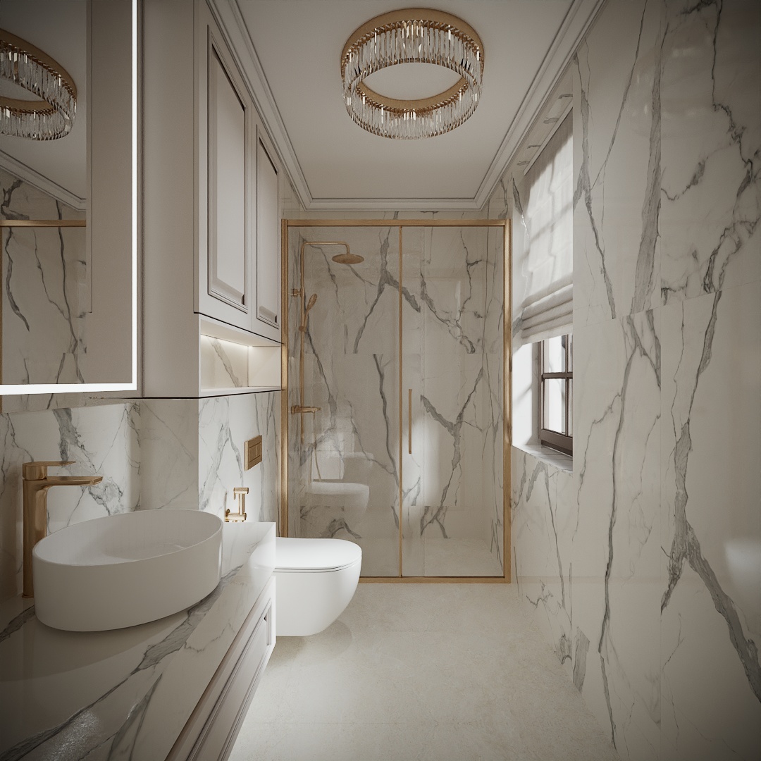 Modern Classic Luxury Villa design interior – baie cu duș, lavoar oval și armături aurii, design interior premium Constanța