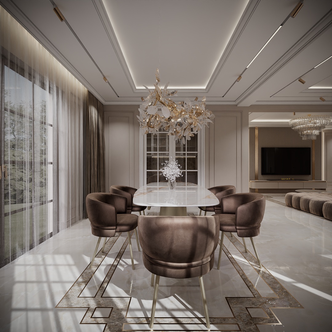 Modern Classic Luxury Villa design interior – zonă de dining cu scaune din catifea și candelabru sculptural din cristal, design interior premium Constanța