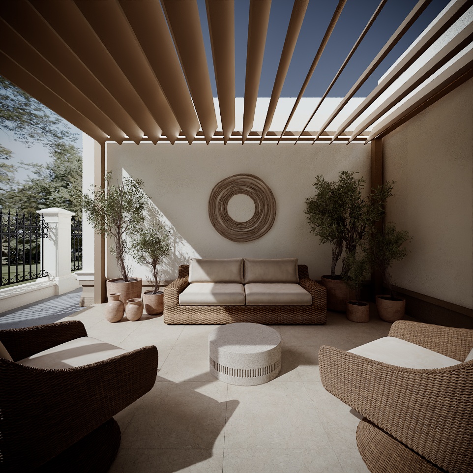 Modern Classic Luxury Villa design interior – terasă acoperită cu pergolă din lemn, mobilier din ratan și măslini, design interior premium Constanța