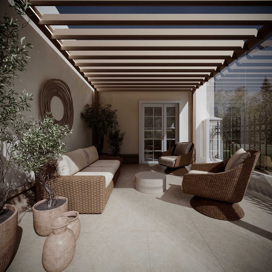 Modern Classic Luxury Villa design interior – terasă cu grinzi din lemn, canapea și fotolii din ratan, design interior premium Constanța