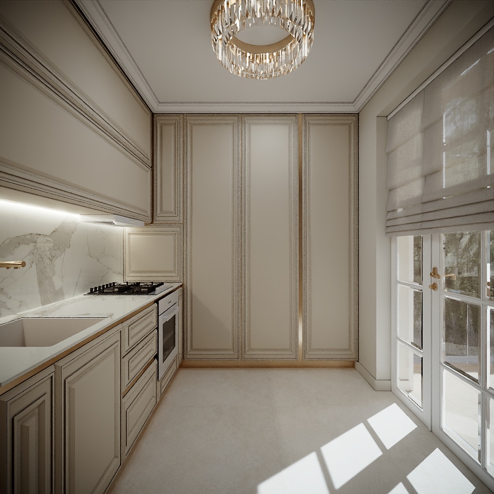 Modern Classic Luxury Villa design interior – bucătărie secundară cu blat alb și plită, design interior premium Constanța