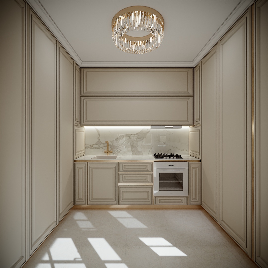 Modern Classic Luxury Villa design interior – chicinetă cu mobilier crem, backsplash din marmură și cuptor, design interior premium Constanța