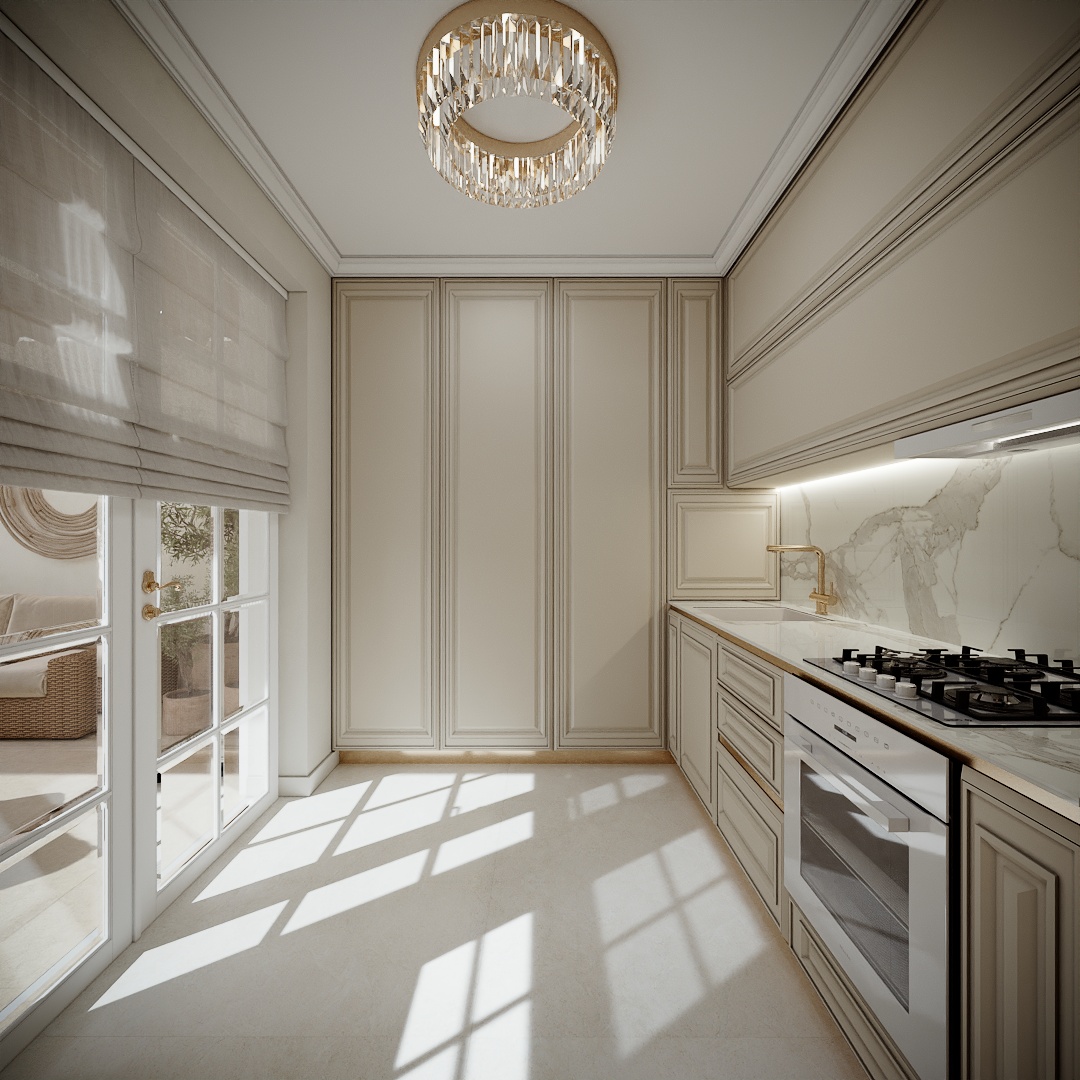 Modern Classic Luxury Villa design interior – bucătărie cu ușă spre grădină și lumină naturală, design interior premium Constanța