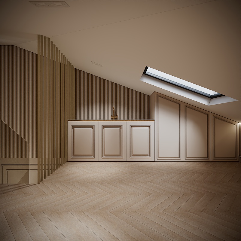 Modern Classic Luxury Villa design interior – mansardă cu lamele verticale din lemn, luminator și dulapuri cu boiserie, design interior premium Constanța