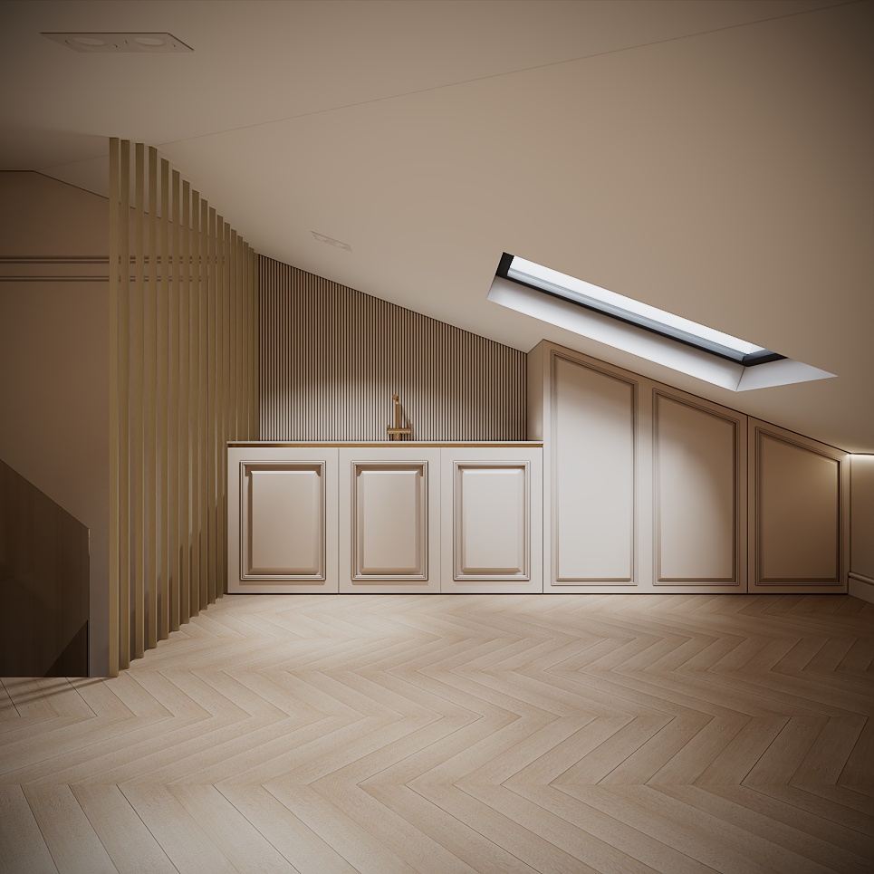 Modern Classic Luxury Villa design interior – mansardă cu lamele din lemn și dulapuri încastrate sub luminator, design interior premium Constanța