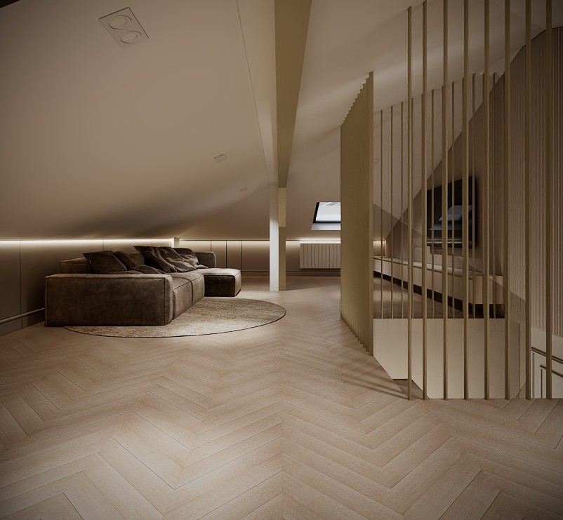 Modern Classic Luxury Villa design interior – living pe mansardă cu canapea din catifea și paravan cu lamele din lemn, design interior premium Constanța