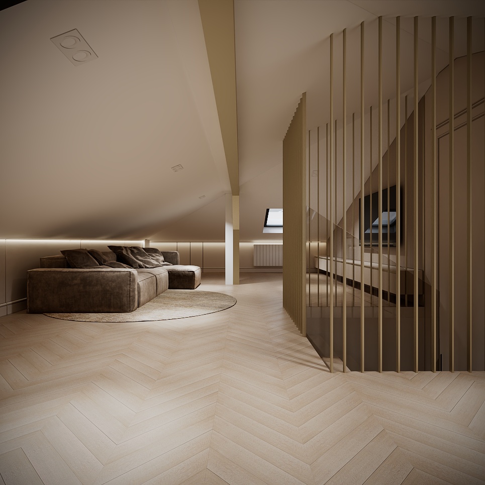 Modern Classic Luxury Villa design interior – zonă de relaxare pe mansardă cu canapea și iluminat LED integrat, design interior premium Constanța