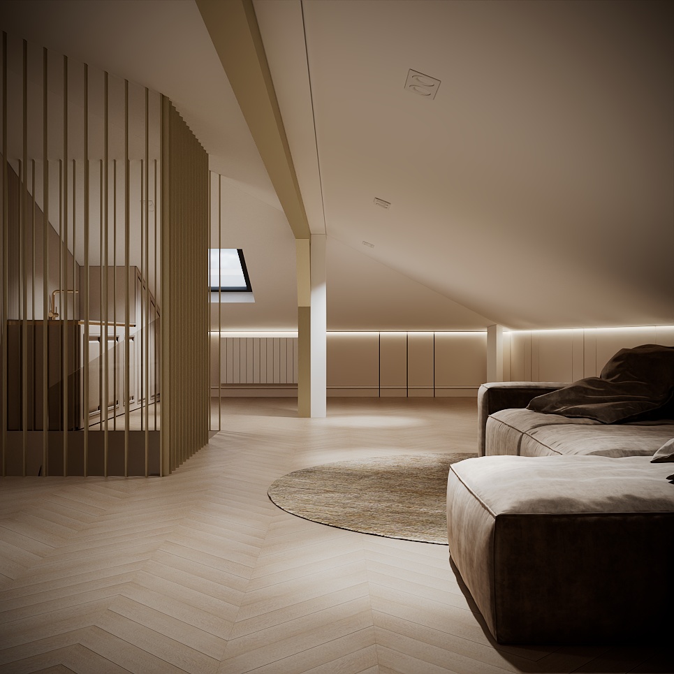Modern Classic Luxury Villa design interior – mansardă cu canapea și paravan cu lamele din lemn, design interior premium Constanța