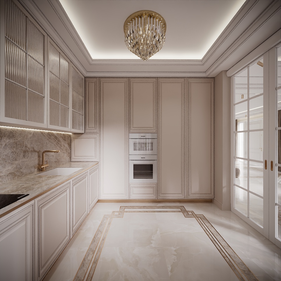 Modern Classic Luxury Villa design interior – bucătărie în nuanțe de crem cu electrocasnice încorporate și detalii aurii, design interior premium Constanța