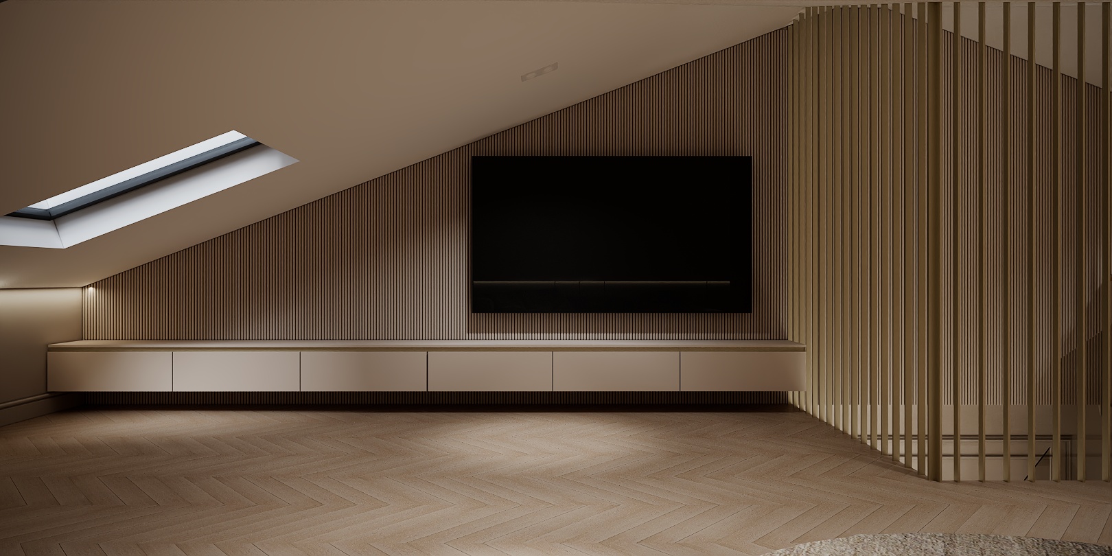 Modern Classic Luxury Villa design interior – perete TV pe mansardă, sub luminator, design interior premium Constanța