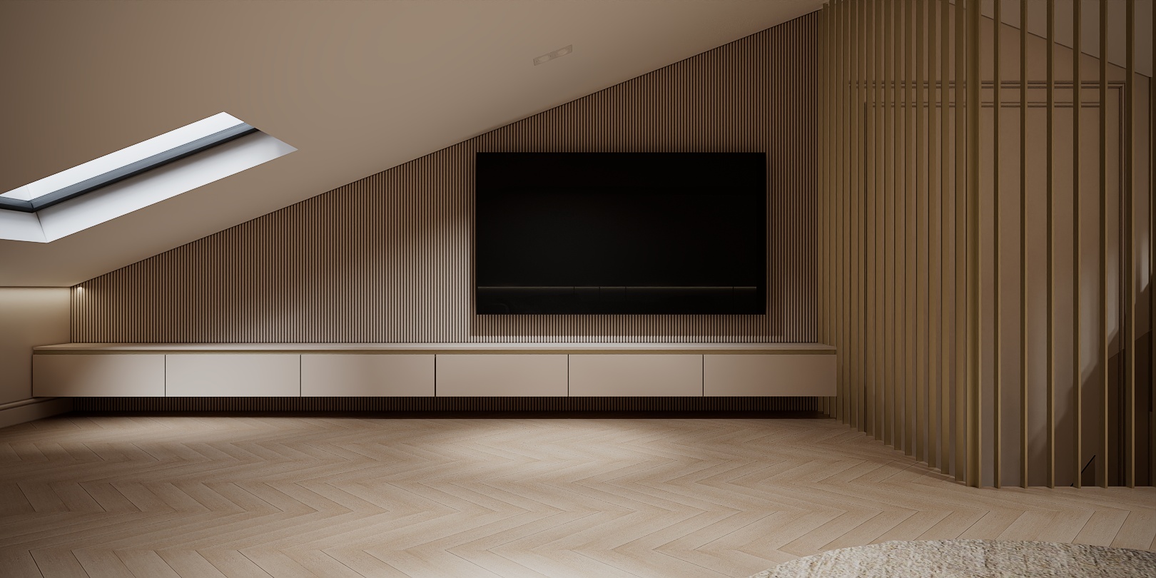 Modern Classic Luxury Villa design interior – perete TV pe mansardă cu lamele verticale din lemn, design interior premium Constanța