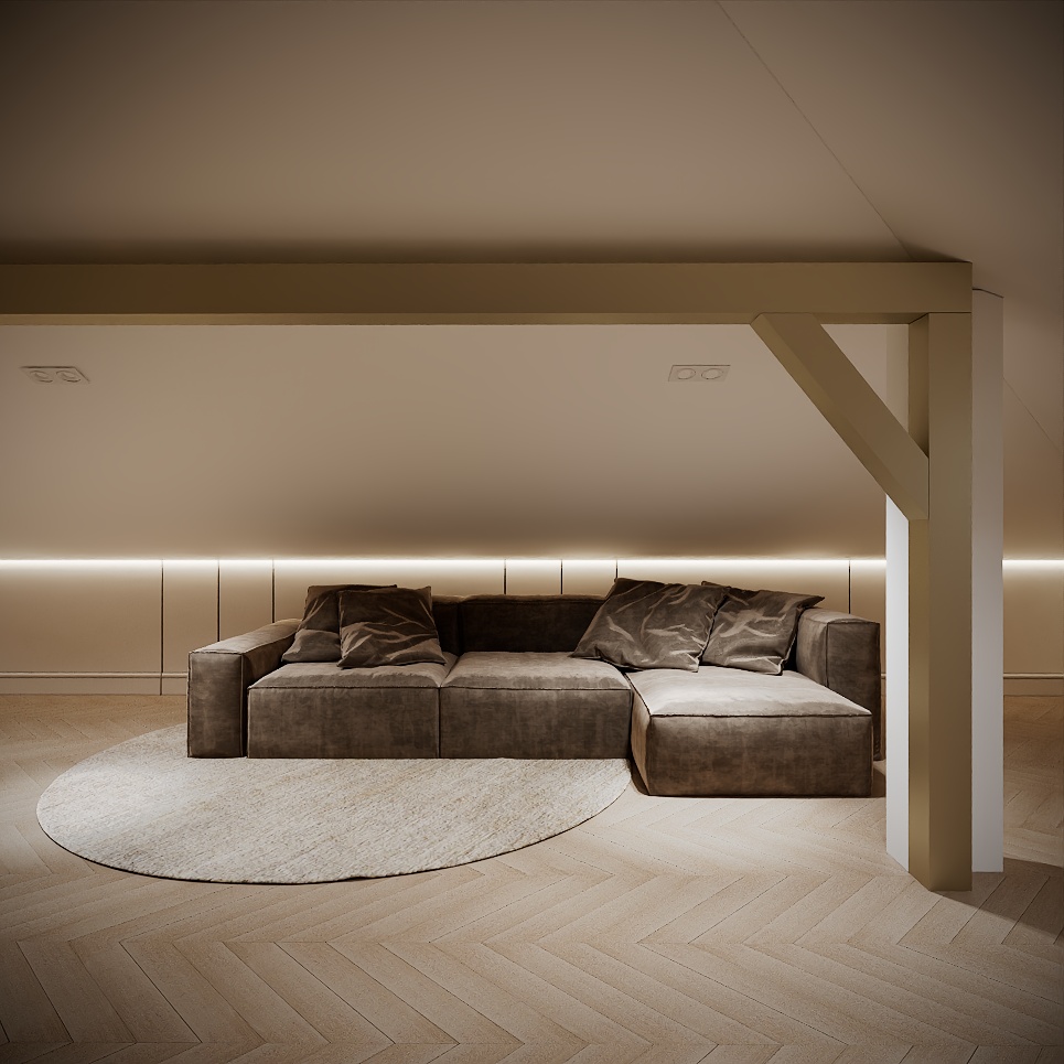 Modern Classic Luxury Villa design interior – zonă de relaxare pe mansardă cu canapea din catifea și grindă din lemn, design interior premium Constanța