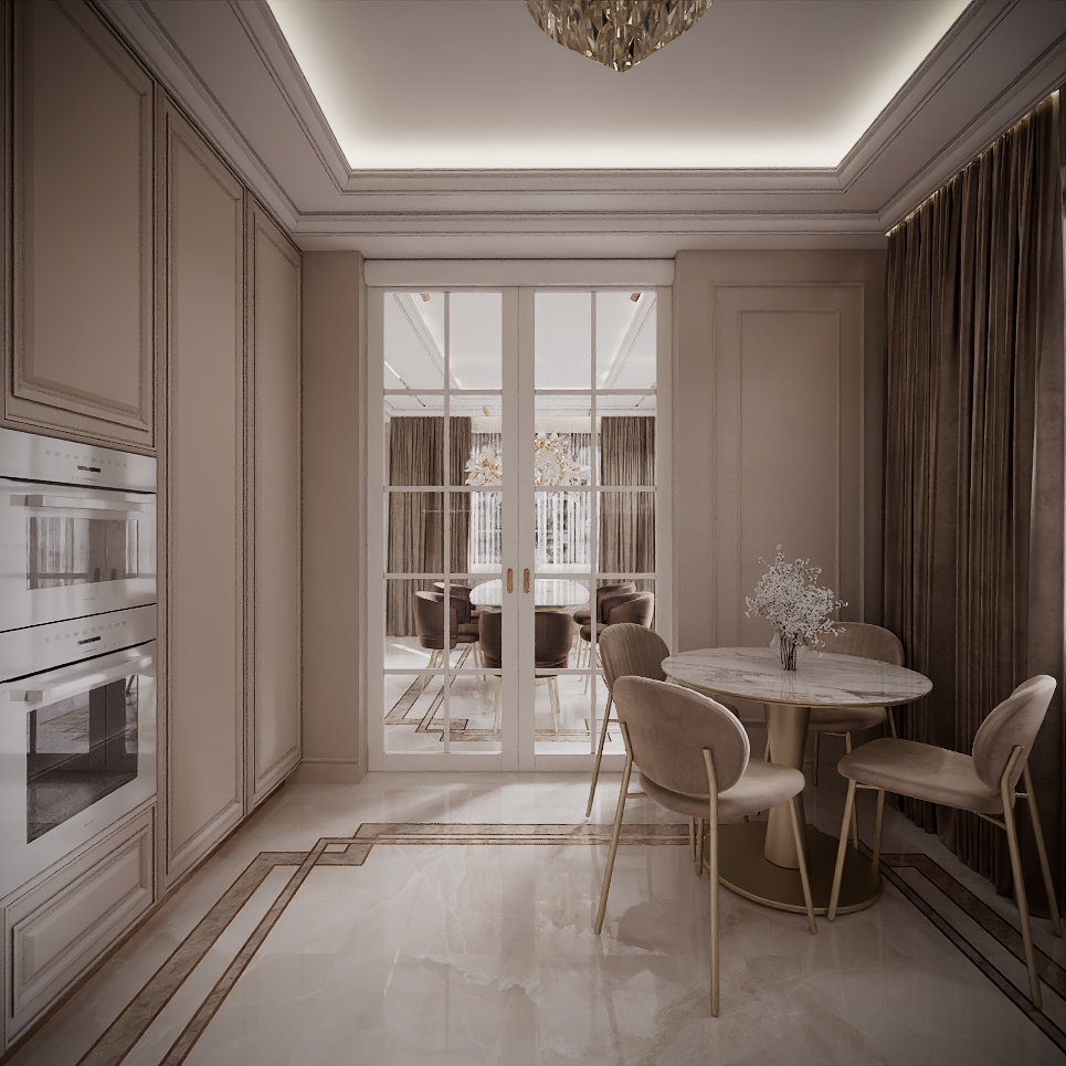 Modern Classic Luxury Villa design interior – colț de dining cu masă rotundă, lângă bucătărie și ușă cu geam, design interior premium Constanța