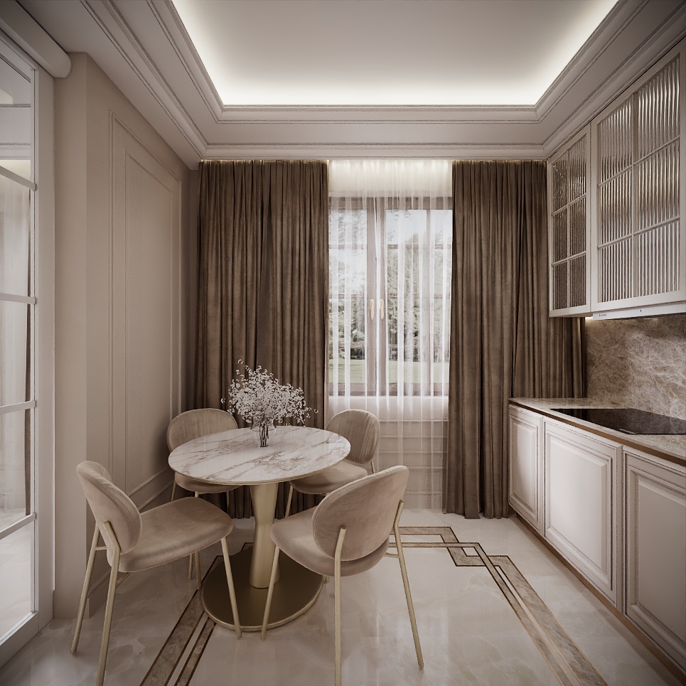 Modern Classic Luxury Villa design interior – colț de dining cu draperii groase și bucătărie cu blat din marmură, design interior premium Constanța